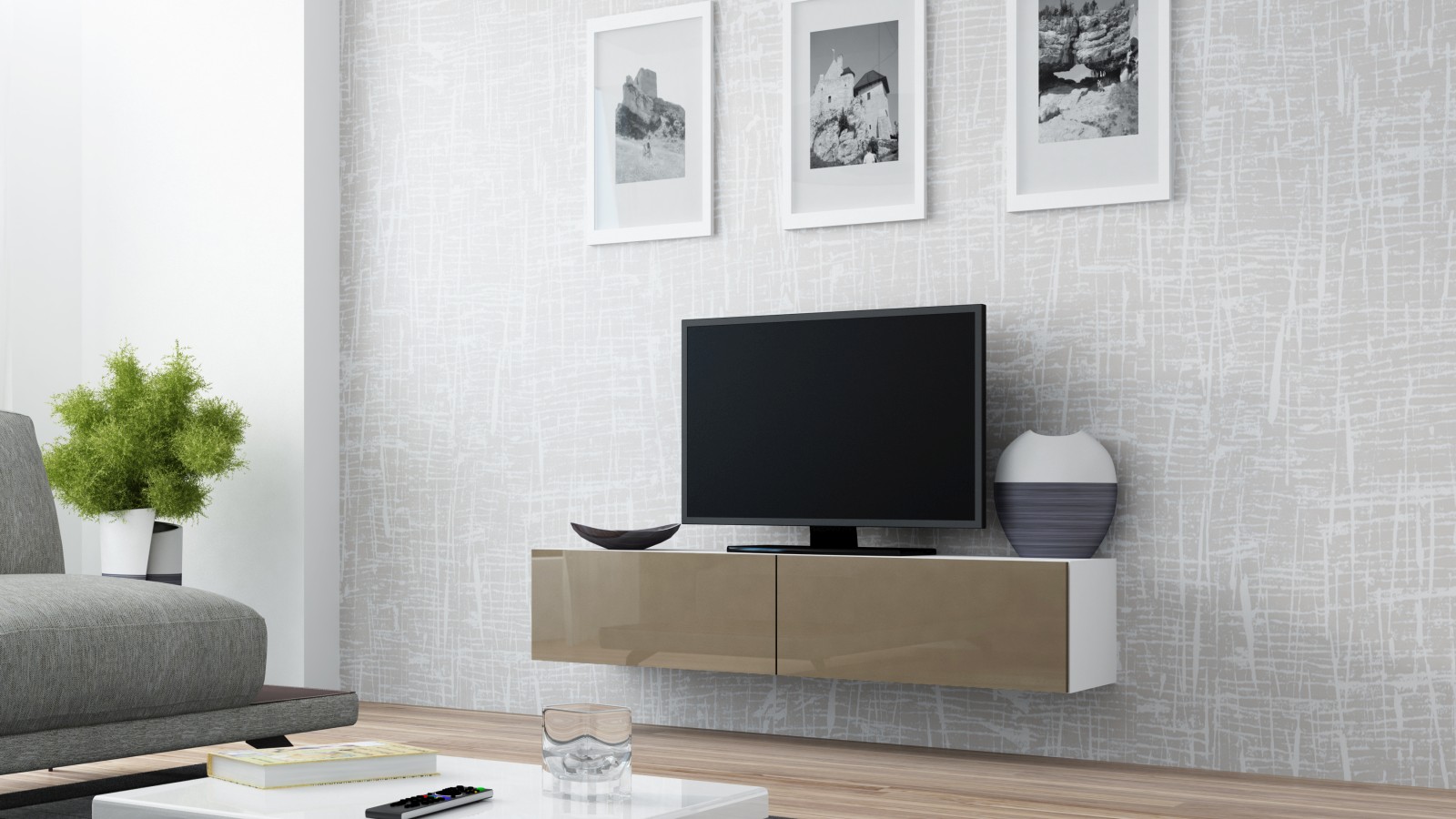 TV stolík Vigo (biela/latte lesk) 140cm